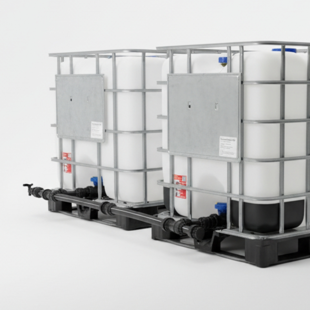 Photo de deux Cuves IBC blanches - reli&eacute;e par un kit de raccordement Multicuves